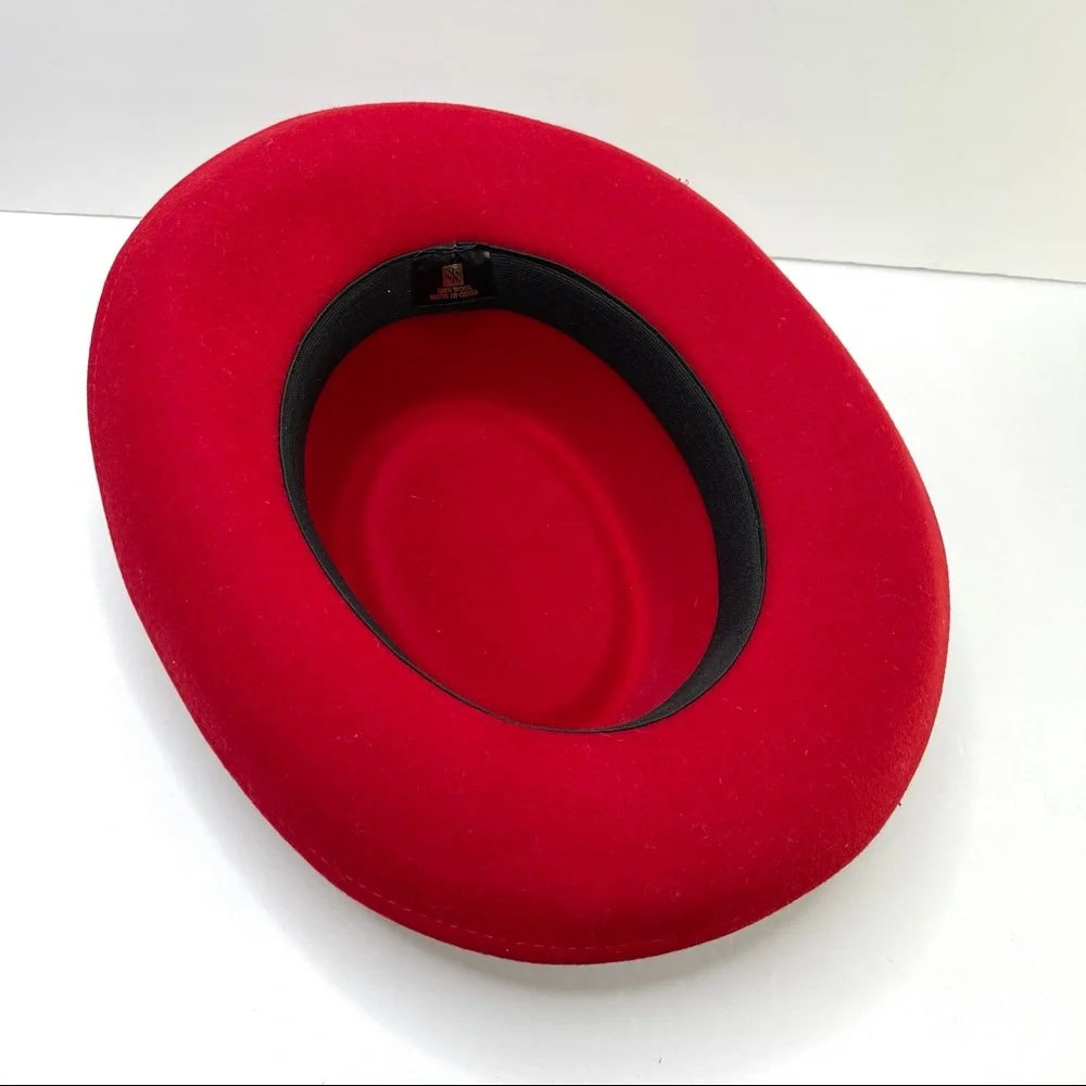 VINTAGE 100% Wool Hat Red With Purple Sequin Trim & Flower Detail - Picture 5 of 7